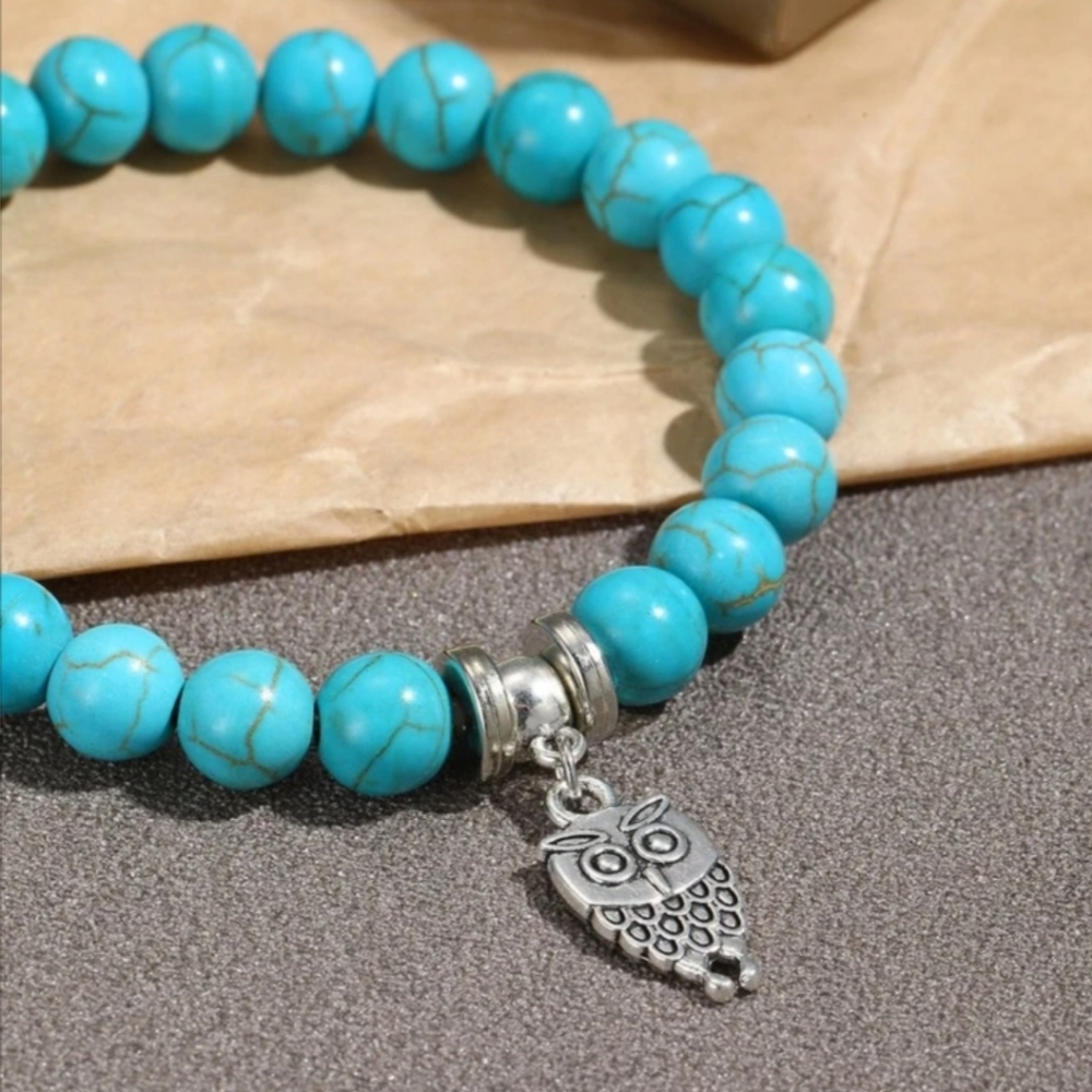 Turquoise Owl Charm and Beaded Stretch Bracelet - Picture 6 of 6
